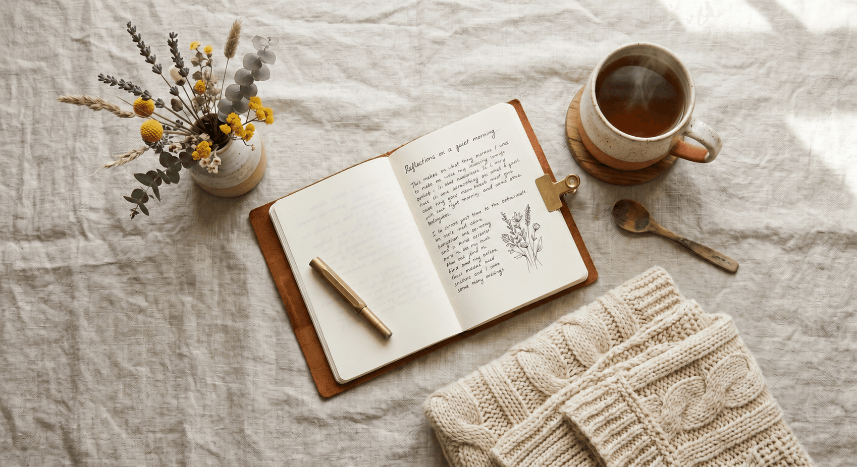 A calm, sunlit journal, tea, and dried flowers